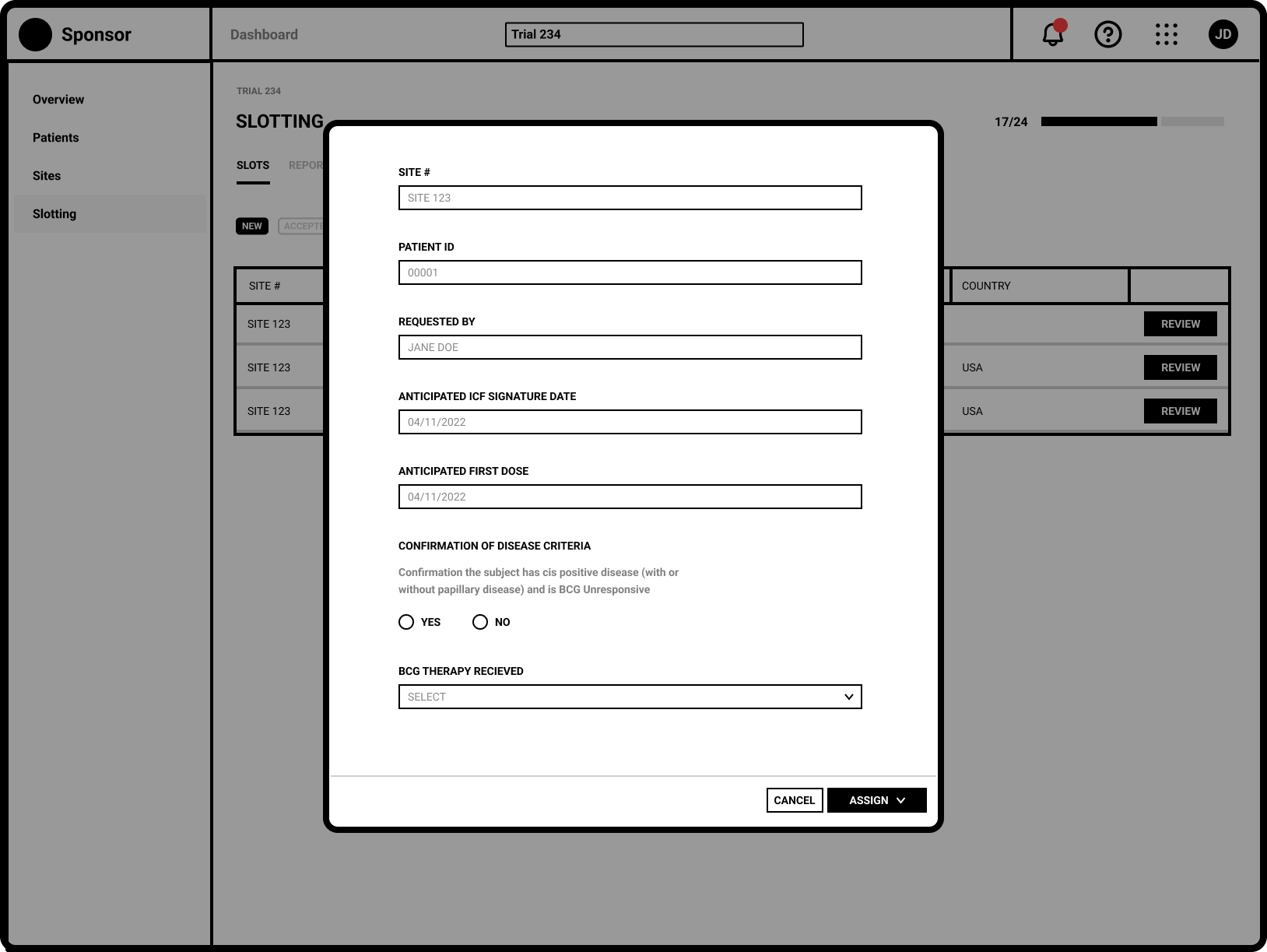 Low fidelity review request modal Low fidelity screen shot